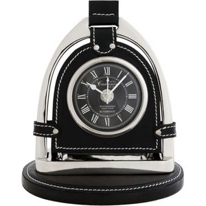 Eichholtz tafelklok Clock Cadance - buroklok - nikkel met zwart leder - stijl ruiter stijgbeugel paard