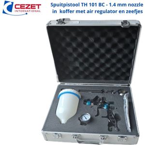 TH101BC spuitpistool - verfspuit - spraygun HVLP in koffer met air regulator en zeefjes, nozzle 1.4 mm -+ extra nozzle set 1,7 mm spuiten auto, caravan enz