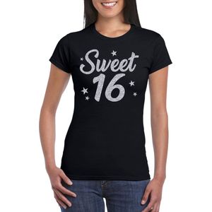 Sweet 16 zilver glitter cadeau t-shirt zwart dames - dames shirt 16 jaar - verjaardag kleding / outfit L