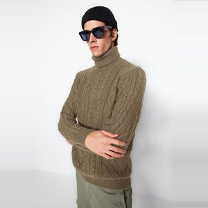 Trendyol Khaki Slim Fit Wollen Coltrui Haar Brei Trui Tmnaw22Kz0302
