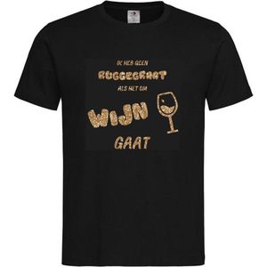 T-shirt Unisex Volwassenen wijn - carnaval - kermis - feestje - grappig Tekst ""Ik heb geen ruggegraat als het om wijn gaat"" Op Voorkant | korte mouw | Zwart/Goud GLITTER | maat L