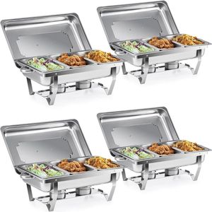 Goodivery® - Buffetwarmer - Chafing Dish - Warmhoudbakken - Buffet Warmer - Set van 4 - 3x1 - 9L - Buffetset Verwarmingscontainer - 64x36x30cm - Zilver