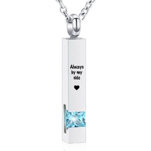 Luxe Ashanger | Met Ketting En Gravering | Always By My Side | Assieraad | Zilverkleurig Met Aqua Steen | As Ketting | Gedenksieraad | Urn | Incl. As vuller