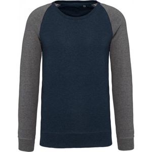 Tweekleurige herensweater BIO ronde hals raglanmouwen Donker Blauw / Grijs Maat 3XL