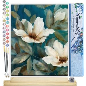 Figured'Art Schilderen op Nummer Volwassenen canvas Witte Bloem 2 - Handwerk acrylverf Kit DIY Compleet - 40x50cm met DIY houten lijst