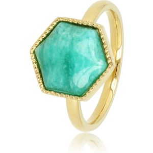 My Bendel Ring goudkleurig met zeshoek Amazonite edelsteen - Bijzondere goudkleurige ring gevormd in een zeshoek met Amazonite edelsteen - Met luxe cadeauverpakking