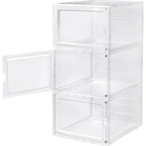 Stapelbare Schoenenkast - Set van 3 - Transparante Schoenendoos - Magnetische Deur - Voor Sneakers, Hakken of Speelgoed - Geschikt tot maat 46 - Ruimtebesparend - 27x34x19 cm per Stuk