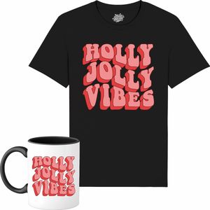 Holly Jolly Vibes - Foute Kersttrui Kerstcadeau - Dames / Heren / Unisex Kleding - Grappige Kerst Outfit - T-Shirt met mok - Unisex - Zwart - Maat 4XL