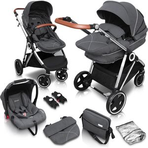 BabyGO Halime - Combi Kinderwagen - Zilver frame - Grijs (incl. autostoel)