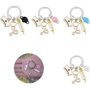 Verpleegsters-sleutelhanger met spuit en stethoscoop - 4 stuks - cadeau-ideeën voor verpleegsters - roze wit zwart blauw