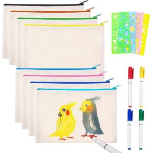 8 stoffen tassen om te schilderen voor kinderen - Etuis met 4 sjablonen en 4 kleurpotloden - Schminkzakken etuis voor schrijfwaren op reis (21 x 12 cm)