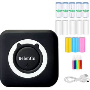 Belenthi Mini Printer voor Mobiel – Pocket Printer – Fotoprinter - Incl. 5 Rollen Zelfklevend Papier + 5 Rol Wit Papier + 3 Rollen Gekleurd Papier + 5 Stiften - Zwart