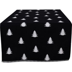 Clayre & Eef Tafelloper Kerst 50x140 cm Zwart Wit Katoen Rechthoek Kerstbomen Tafelkleed