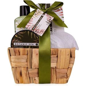 OLIVE SPA Cadeauset in zeegrasmand, badset en doucheset - 5-delige cadeauset in decoratieve mand van zeegras, verjaardagscadeau, wellnessset voor vrouwen,groen
