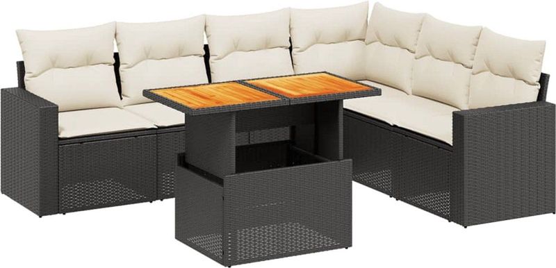 vidaXL - 7-delige - Loungeset - met - kussens - poly - rattan - zwart