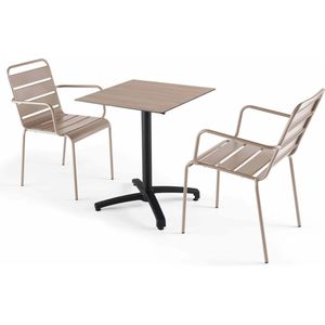 Oviala - Licht eiken 60x60 cm verstelbare tafel met 2 taupe fauteuils