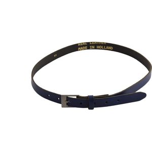 Blauwe Lederen Smalle Riem - 85 cm Lengte- 2 cm Breedte- Platte Zilveren Gesp