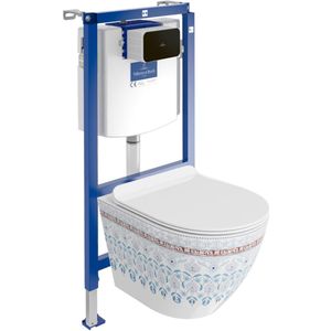 Villeroy&Boch Inbouwreservoir Complete Toiletset ViConnect H112 - Inbouw WC Hangtoilet Wandcloset SOFI SLIM FOLKLOR - Bedieningsplaat Zwart - Voorwandelement voor toilet - Installatiesysteem