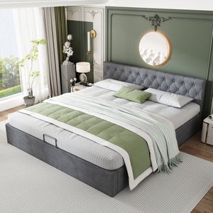Sweiko Fluwelen stof gestoffeerd bed, lattenbod, tweepersoonsbed, opbergruimte, houten voet (Grijs, 180 x 200 cm)