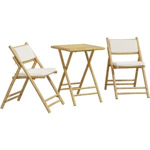 vidaXL 3-delige Bistroset inklapbaar met kussens bamboe crèmewit - Bistroset - Bistrosets - Tuinset - Tuintafel