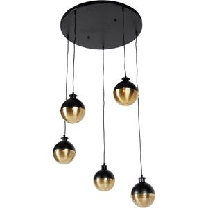 QAZQA haicha - Industriele Hanglamp voor boven de eettafel | in eetkamer - 5 lichts - Ø 70 cm - Zwart Goud - Industrieel - Woonkamer | Slaapkamer | Keuken