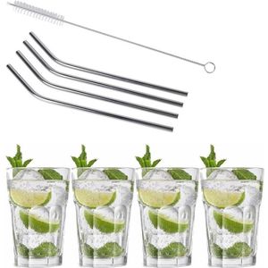 4x Cocktailglazen / Mojito glazen transparant 410 ml - Inclusief 4x RVS herbruikbare rietjes