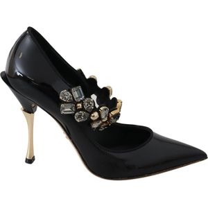 Zwart lederen kristallen schoenen Mary Jane pumps