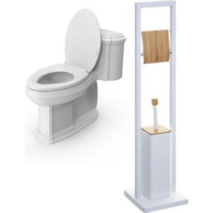 Decopatent® 2in1 Toiletrolhouder staand & Toiletborstel met houder- Staande Wc Rolhouder - Toilet rolhouder - Bamboe Metaal - Wit