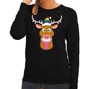Foute kersttrui / sweater Gay Ruldolf met regenboog muts en roze sjaal zwart voor dames - Kersttruien L