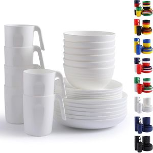 Plastic servies sets 24pcs voor 6, herbruikbare borden en kommen sets, schotel set omvatten diner borden, dessert bord, ontbijtgranen kommen, kopjes voor thuis, tuin, picknick, camping ""Wit