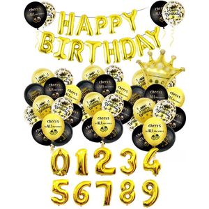 Goud/Zwart feestpakket 16, 18, 21, 30, 40, 50, 60, 70, 80 & 90 jaar verjaardag 60 stuks - Verjaardag versiering voor man & vrouw - 30 jaar verjaardag versiering - Verjaardag decoratie, slingers, ballonnen, helium folie ballonnen