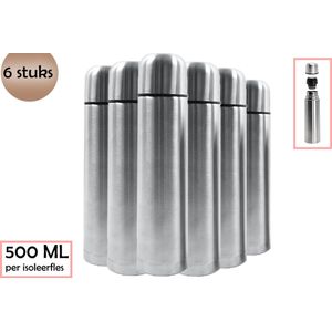 6 stuks thermos Isoleerfles 500 ML - Zilver- 3000 ML met 6 thermosflessen