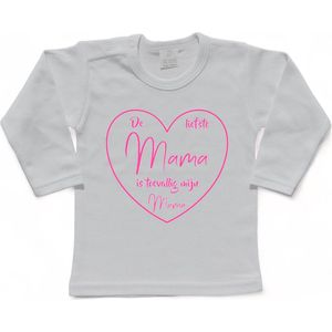 T-shirt Kinderen ""De liefste mama is toevallig mijn mama"" Moederdag | lange mouw | Wit/roze | maat 98