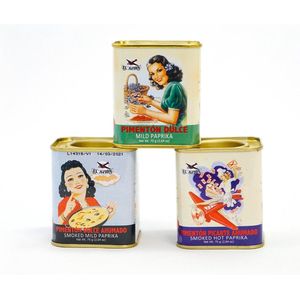 3 blikken (75gr per blik) Spaanse vintage set van  paprika van verschillende smaken. Geniet van Spanje in je eten