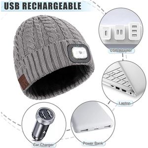 Draadloze Muziek Hoed met Licht, LED Bluetooth Beanie Cap, Winter Oplaadbare Koplamp Handsfree Warme Beanie Hoed met Hoofdtelefoon, Mannen Vrouwen Christma Hoed voor Skiën Wandelen Camping Fietsen Hardlopen