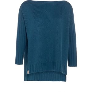 Knit Factory Kylie Gebreide Dames Trui - Trui dames winter - Pullover dames - lange mouw - Wintertrui - Damestrui - Boothals - Petrol - Donkerblauw - 46/54 - Grote maten dames kleding