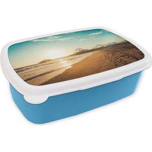 Broodtrommel Blauw - Lunchbox - Brooddoos - Strand - Zee - Zonsondergang - Reuzenrad - 18x12x6 cm - Kinderen - Jongen