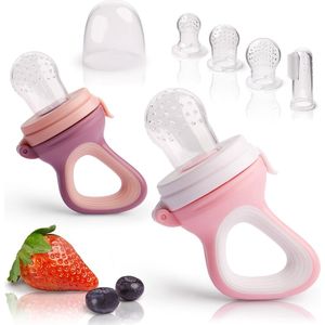 2 vruchtenspenen voor baby & peuter + 6 vervangende spenen in 3 maten gemaakt van hygiënische siliconen - Veilig & BPA-vrij - voor fruit groenten pap babyvoeding & co. - bijthulp (roze/paars)