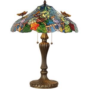 HAES DECO - Tiffany Tafellamp Ø 52x65 cm Blauw Groen Glas Driehoek Vlinder Tiffany Bureaulamp Tiffany Lampen Glas in Lood