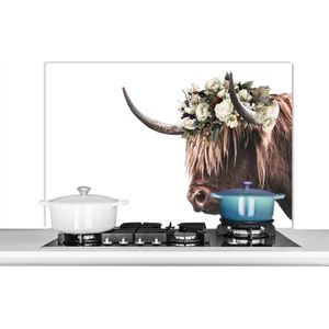 Spatscherm keuken 100x65 cm - Kookplaat achterwand Schotse Hooglander - Bloemen - Wit - Muurbeschermer - Spatwand fornuis - Hoogwaardig aluminium