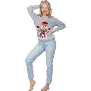 Wilbers & Wilbers - Foute Kersttruien - Parelachtige Grijze Sneeuwpop Trui - Grijs - Large - Kerst - Verkleedkleding