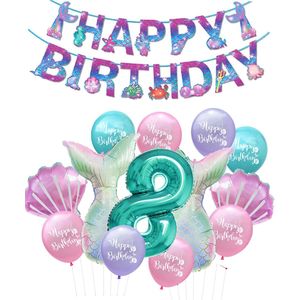 Snoes - Zeemeermin Feest Set - Ballonnenpakket met Happy Birthday Slinger - Turquoise Mint Cijfer Ballon 8 Jaar