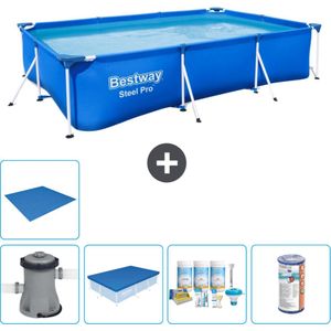 Bestway Rechthoekig Steel Pro Zwembad - 300 x 201 x 66 cm - Blauw - Inclusief Pomp Afdekzeil - Onderhoudspakket - Filter - Grondzeil