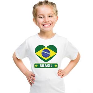 Brazilie kinder t-shirt met Braziliaanse vlag in hart wit jongens en meisjes 122/128