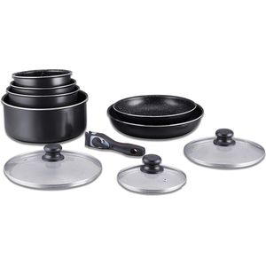 Kookgerei set - Inductiepannenset - All Heat Pot en Pan Set - Steencoating kookgerei set met afneembaar handvat 10 stuks HG-5000 zwart