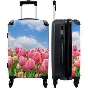 NoBoringSuitcases.com - Grote koffer - Bloemen - Tulpen - Landschap - Roze - Natuur - Reiskoffer met 4 wielen - Trolley op wieltjes - Rolkoffer groot - 90 liter - Ruimbagage valies 20kg - Valiezen voor volwassenen