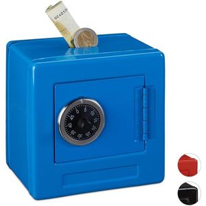 relaxdays Spaarpot kluis - code - cijferslot - kinderspaarpot - speelgoed kluis - metaal blauw