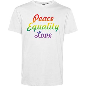 T-shirt Peace Equality Love | Gay pride shirt kleding | Regenboog kleuren | LGBTQ | Wit | maat 5XL