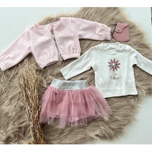 luxe meisjesset - 4 delige babyset - vest, shirt, tulle broekrokje en tasje- kraamcadeau- geschenkset - babyshower -roze kleur-bloemetjes motief-gevoelige huid- 100 % katoen-3 tem 6 maanden