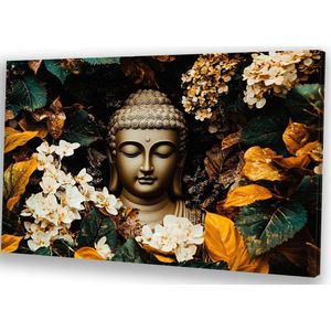 Boeddha met bloemen decoratie - Boeddha portret - Muurdecoratie canvas religie - Realisme kunststroming - Binnenhuisdecoratie - Slaapkamer muurdecoratie - Canvas 90x60 cm